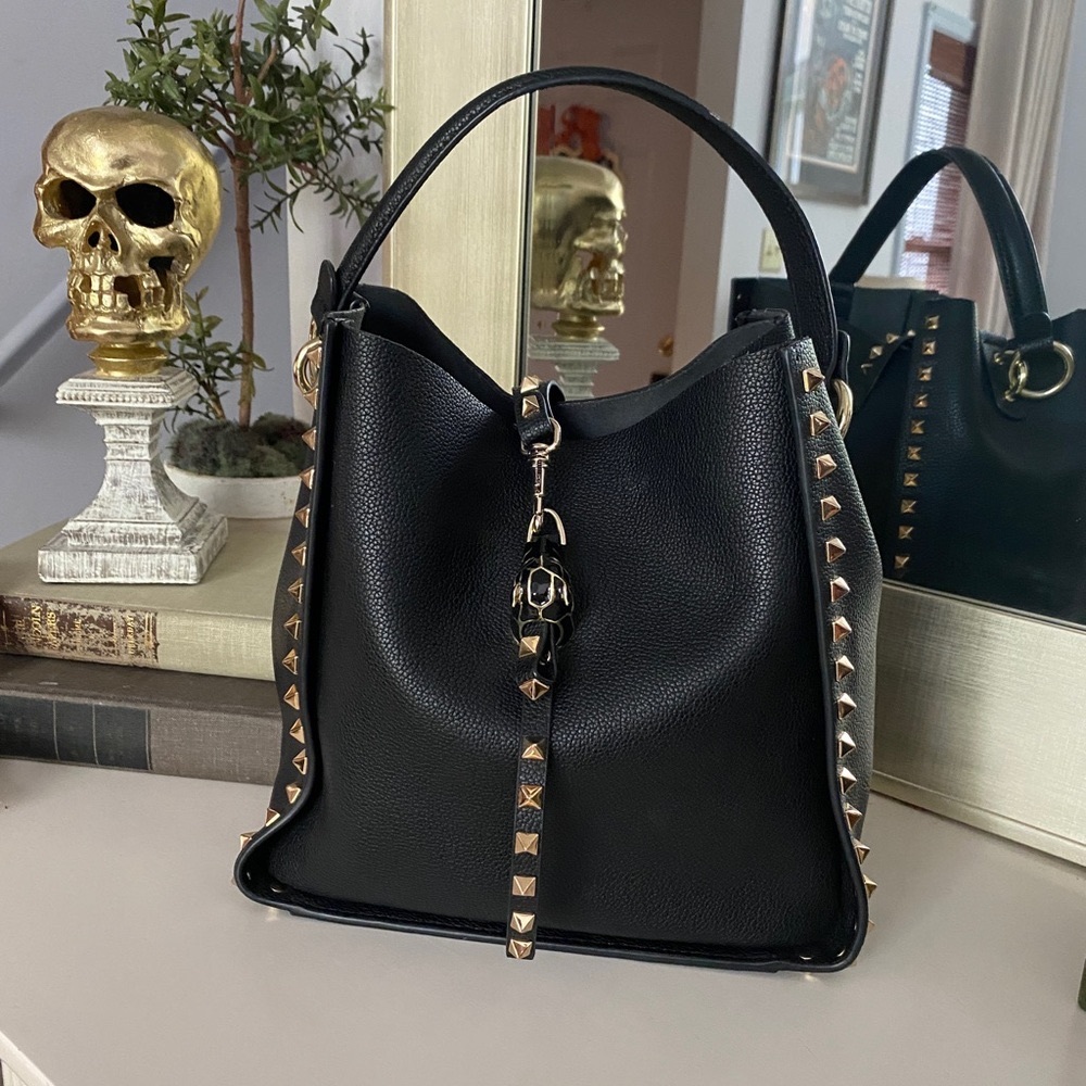 Leather gold studded bucket bag